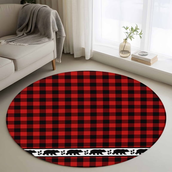 Round Area Rug 4ft, Christmas Red Black Buffalo Checker Non-Slip Non-Shedding Floor Mat, Bear Shadow Animal Footprints Washable Sturdy Carpet for Living Room Bedroom Home Decor