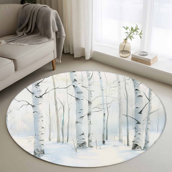 Round Area Rug 4ft, Christmas Tree Non-slip Area Rugs for Living Room/Bedroom/Bathroom/Kitchen, White Xmas Snowflake Watercolor Washable Throw Floor Mat Indoor Outdoor Entrance Doormat