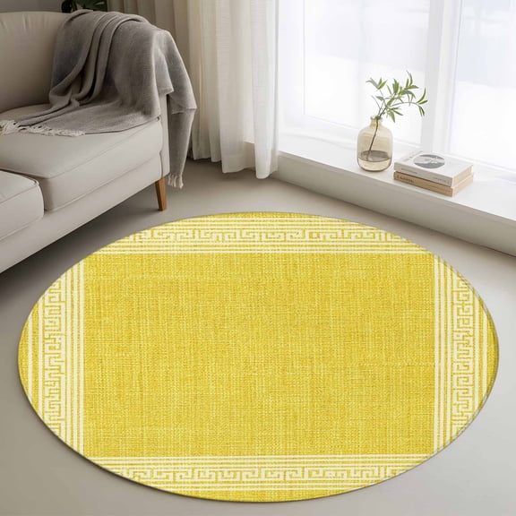 Round Area Rug 4ft, Classic Greek Geometric Key Pattern Non-Slip Non-Shedding Floor Mat, Retro Linen Yellow Washable Sturdy Carpet for Living Room Bedroom Home Decor