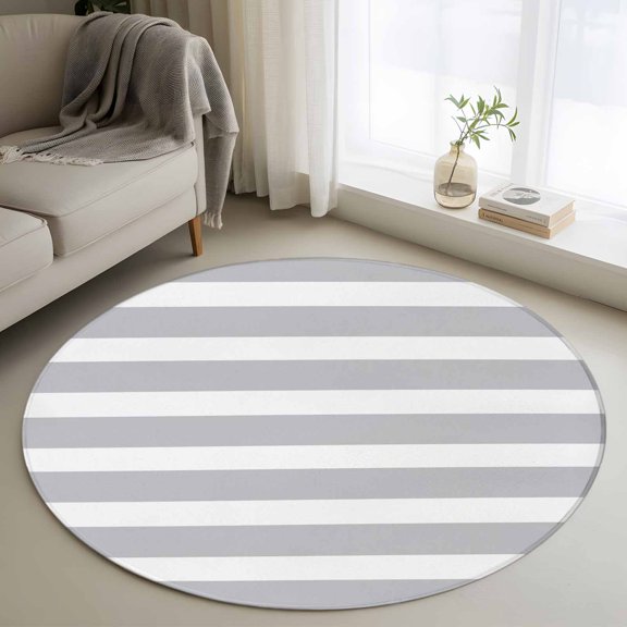 Round Area Rug 4ft Classic Light Grey and White Stripes Area Rugs Washable Low Pile Floor Carpet for Bedroom, Modern Lines Non Slip Soft Rugs for Living Room Entryway Dining Room