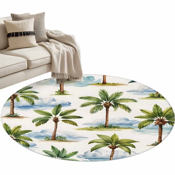 Round Area Rug 4ft Coconut Palm Trees Floor Carpets Indoor Floor Area Mat Stain-Proof Mat Circle Rugs for Living Room Dining Room Kitchen Bedroom, Tropical Plant Cloud Sofa Throw Carpet