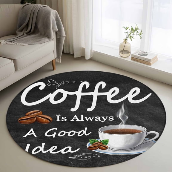Round Area Rug 4ft, Coffee Bean Cup Cafe Drink on Black Non-Slip Non-Shedding Floor Mat, Coffees Good Idea Quote Washable Sturdy Carpet for Living Room Bedroom Home Decor