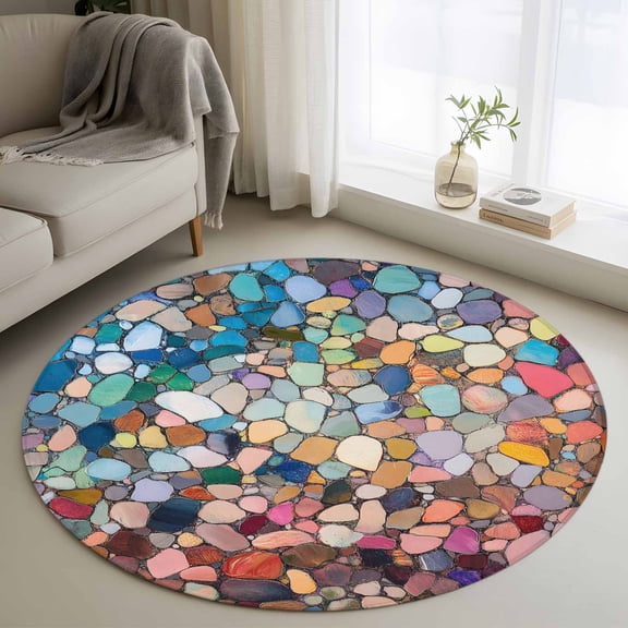 Round Area Rug 4ft, Colorful Abstract Pebble Stone Non-Slip Non-Shedding Floor Mat, Retro Tiles Mosaic Pattern Washable Sturdy Carpet for Living Room Bedroom Home Decor