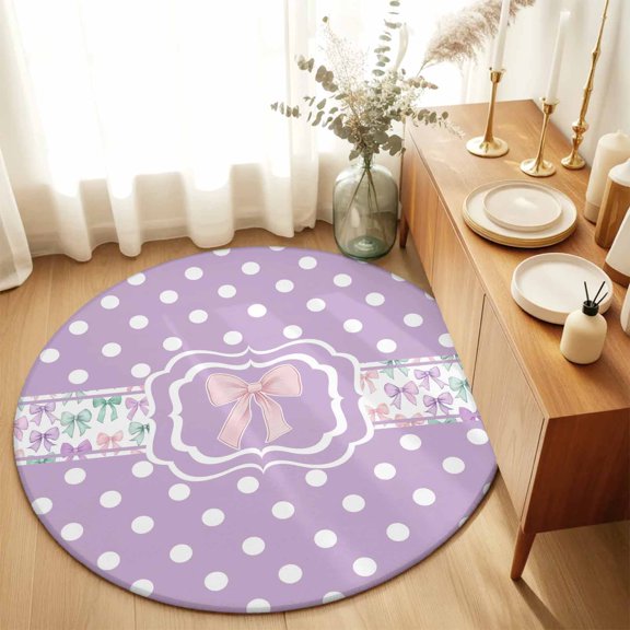 Round Area Rug 4ft,Colorful Bow White Dots on Purple Living Room Rug Non-Slip Washable Circle Rugs Pad,Modern Bowknot Polka Dot Soft Floor Carpet for Bedroom Dining Room