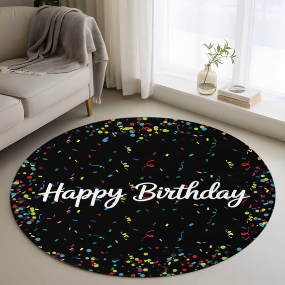 Round Area Rug 4ft,Colorful Happy Birthday Washable Carpet Non-Slip Runner Accent Rugs Indoor Floor Mat for Bedroom Living Room Decor,Black