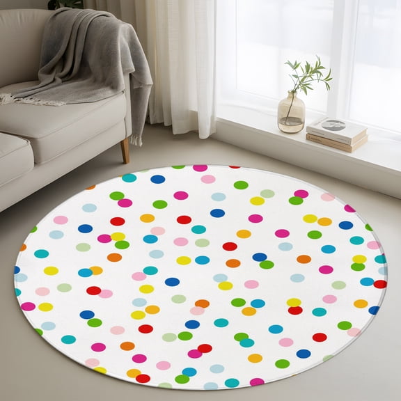 Round Area Rug 4ft, Colorful Polka Dot Seamless Non-Shedding Washable Area Rug, Geometric Potted Theme Non Slip Low-Profile Circle Rugs for Living Room, Bedroom Dining Room