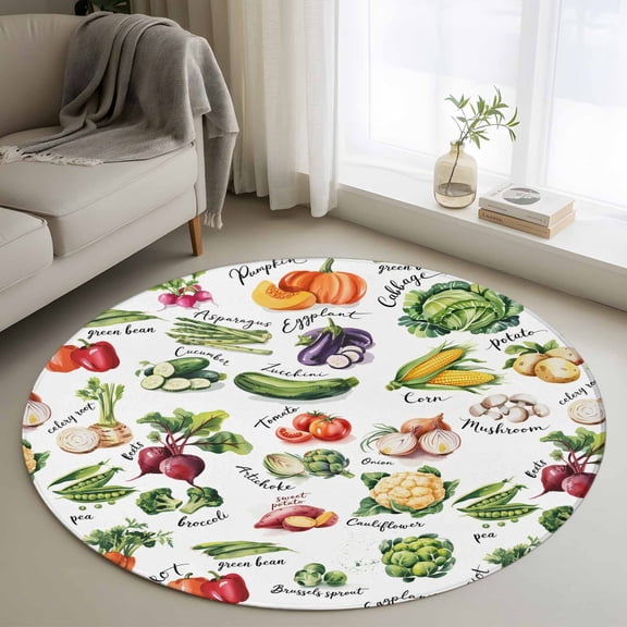 Round Area Rug 4ft, Country Vegetables Non-Slip Non-Shedding Floor Mat, Rustic Farmhouse Plant Theme Washable Sturdy Carpet for Living Room Bedroom Home Decor