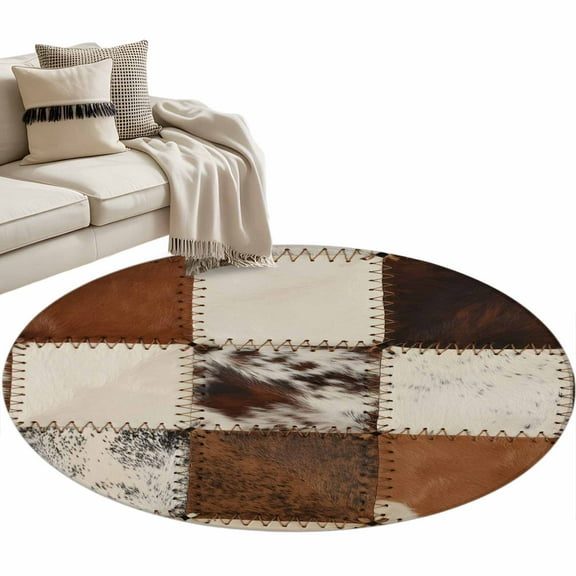 Round Area Rug 4ft Cowhide Floor Carpets Indoor Floor Area Mat Stain-Proof Mat Circle Rugs for Living Room Dining Room Kitchen Bedroom, Cow Fur Print Animal Skin Brown Sofa Throw Carpet