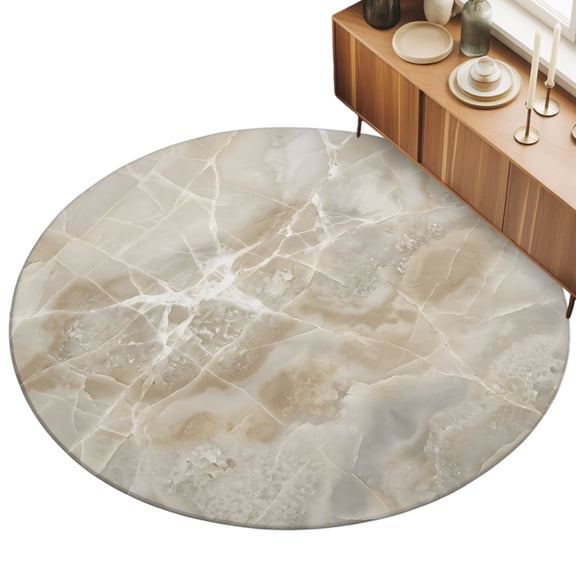Round Area Rug 4ft Cream Marble Floor Carpets Indoor Floor Area Mat Stain-Proof Mat Circle Rugs for Living Room Dining Room Kitchen Bedroom, Beige Stone Abstract Art Sofa Throw Carpet