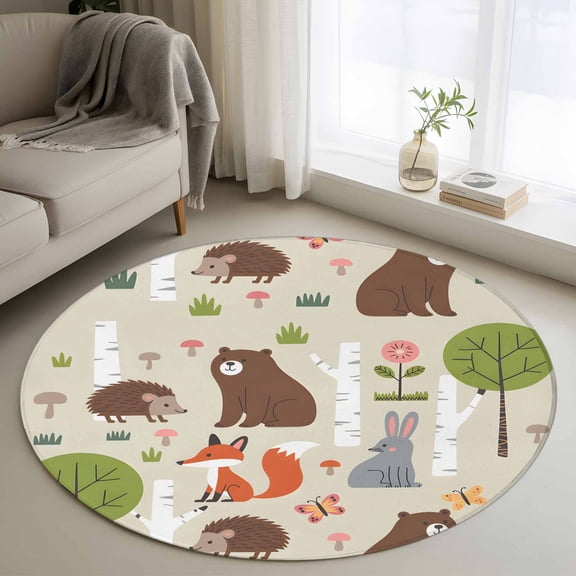 Round Area Rug 4ft, Cute Bear Hedgehog Fox Non-Shedding Washable Area Rug, Cartoon Tree Wild Flower Non Slip Low-Profile Circle Rugs for Living Room, Bedroom Dining Room