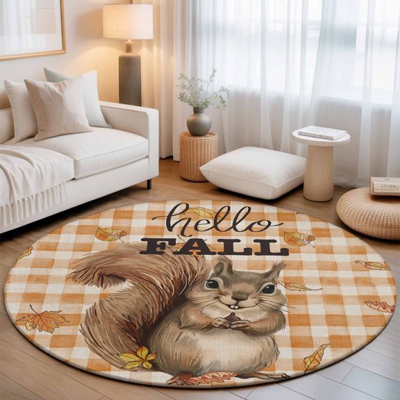Round Area Rug - 4ft Cute Squirrel Fall Tree Deciduous Non Slip Washable Circle Carpet Soft Large Floor Rugs for Living Room Bedroom Nursery Office