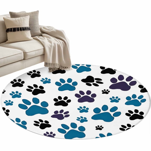 Round Area Rug 4ft Dog Paw Print Floor Carpets Indoor Floor Area Mat Stain-Proof Mat Circle Rugs for Living Room Dining Room Kitchen Bedroom, Black Blue White Animal Pattern Sofa Throw Carpet