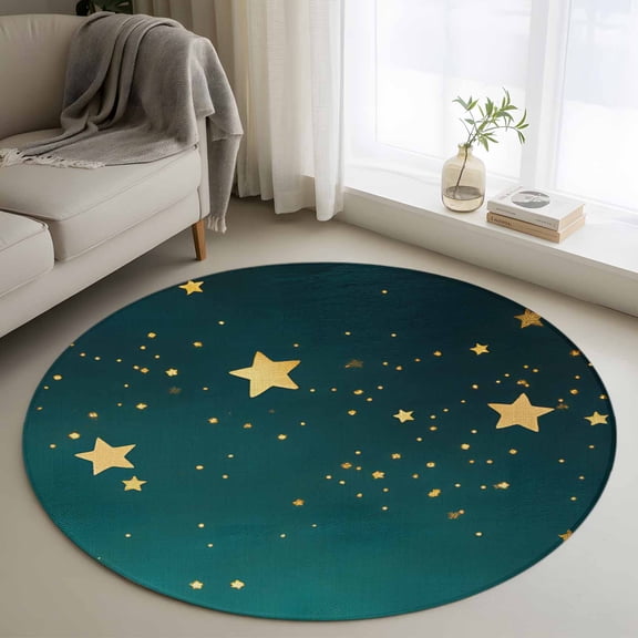 Round Area Rug 4ft, Dream Yellow Star on Teal Blue Non-Slip Non-Shedding Floor Mat, Night Starry Sky Washable Sturdy Carpet for Living Room Bedroom Home Decor
