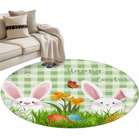 Round Area Rug 4ft, Easter Bunny Eggs Flower Grassland Non-Slip Non-Shedding Floor Mat, Green Checkered Lattice Washable Sturdy Carpet for Living Room Bedroom Home Decor