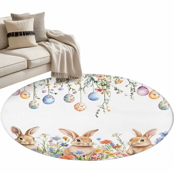 Round Area Rug 4ft, Easter Egg Rabbit Flower on White Non-Slip Non-Shedding Floor Mat, Spring Swirling Leaves Washable Sturdy Carpet for Living Room Bedroom Home Decor