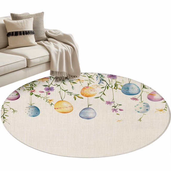 Round Area Rug 4ft, Easter Eggs Flower on Vintage Linen Non-Slip Non-Shedding Floor Mat, Spring Botanical Washable Sturdy Carpet for Living Room Bedroom Home Decor