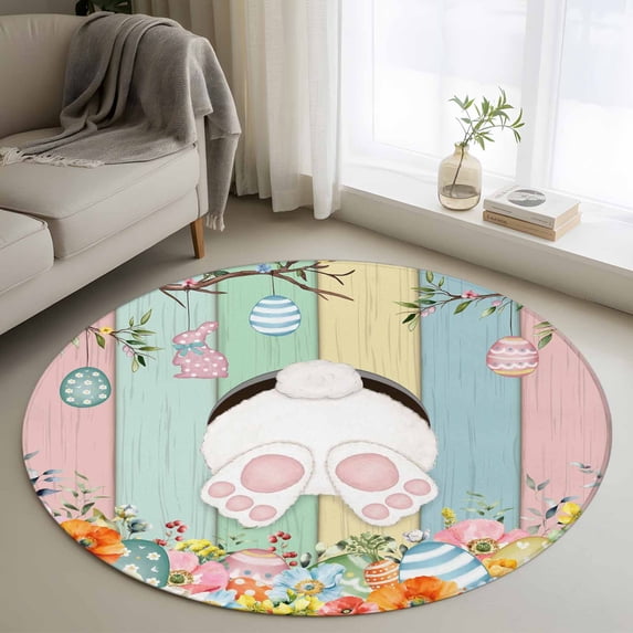 Round Area Rug 4ft, Easter Rabbit Eggs Flowers Non-Shedding Washable Area Rug, Pink Green Blue Farm Wood Non Slip Low-Profile Circle Rugs for Living Room, Bedroom Dining Room