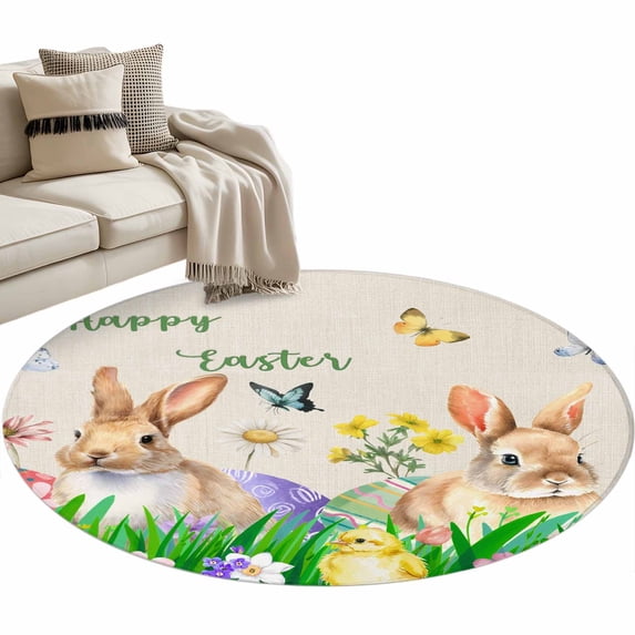 Round Area Rug 4ft, Easter Rabbit Eggs on Spring Flowers Non-Slip Non-Shedding Floor Mat, Watercolor Butterfly on Linen Washable Sturdy Carpet for Living Room Bedroom Home Decor
