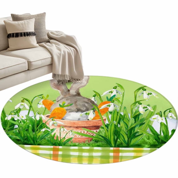 Round Area Rug 4ft, Easter Rabbits Wearing Potash Non-Slip Non-Shedding Floor Mat, Turquoise Flowers Washable Sturdy Carpet for Living Room Bedroom Home Decor