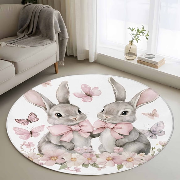 Round Area Rug 4ft, Easter Watercolor Rabbit with Bow Non-Shedding Washable Area Rug, Spring Pink Flower Butterfly Non Slip Low-Profile Circle Rugs for Living Room, Bedroom Dining Room
