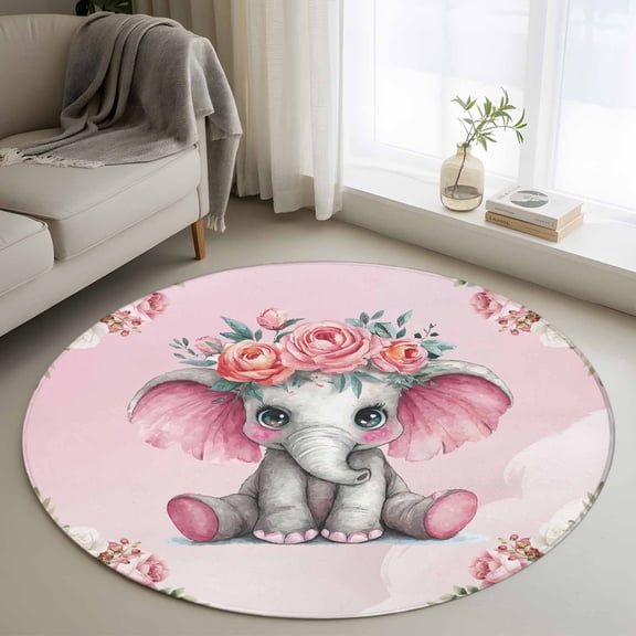 Round Area Rug 4ft, Elephant with Flower Pink Gradient Non-Slip Non-Shedding Floor Mat, Country Floral Animal Washable Sturdy Carpet for Living Room Bedroom Home Decor