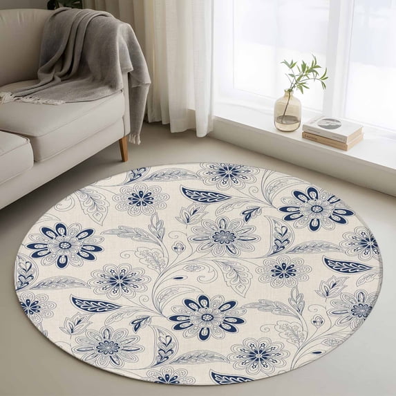 Round Area Rug 4ft,Ethnic Blue Paisley Flower Pattern Washable Carpet Non-Slip Runner Accent Rugs Indoor Floor Mat for Bedroom Living Room Decor,Floral Leaf on Retro Flax