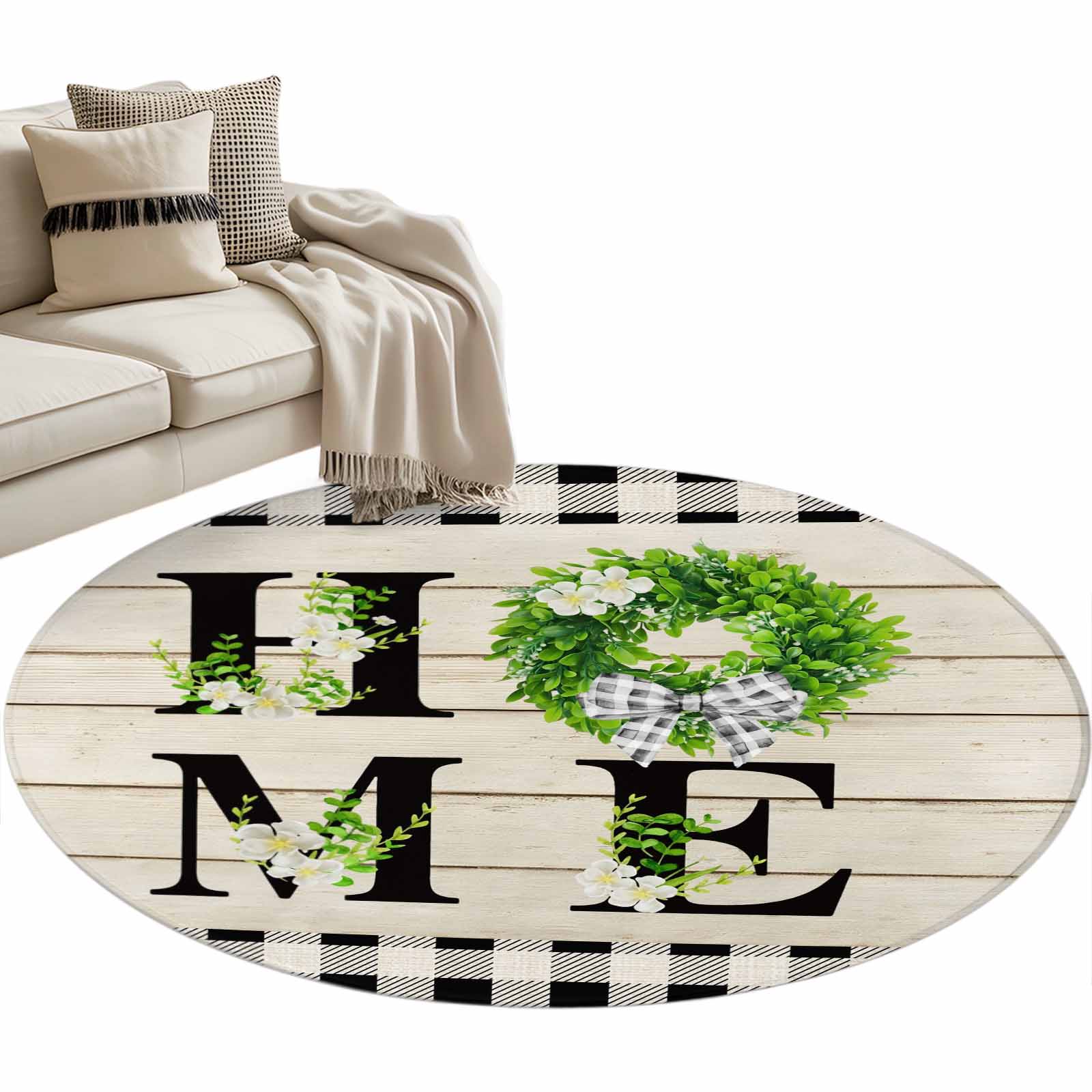 Round Area Rug 4ft Eucalyptus Leaf Bow Tie Wreath Floor Carpets Indoor ...
