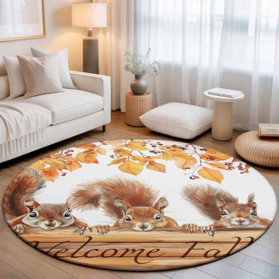Round Area Rug - 4ft Fall Thanksgiving Farm Squirrel Non Slip Washable Circle Carpet Soft Large Floor Rugs for Living Room Bedroom Nursery Office