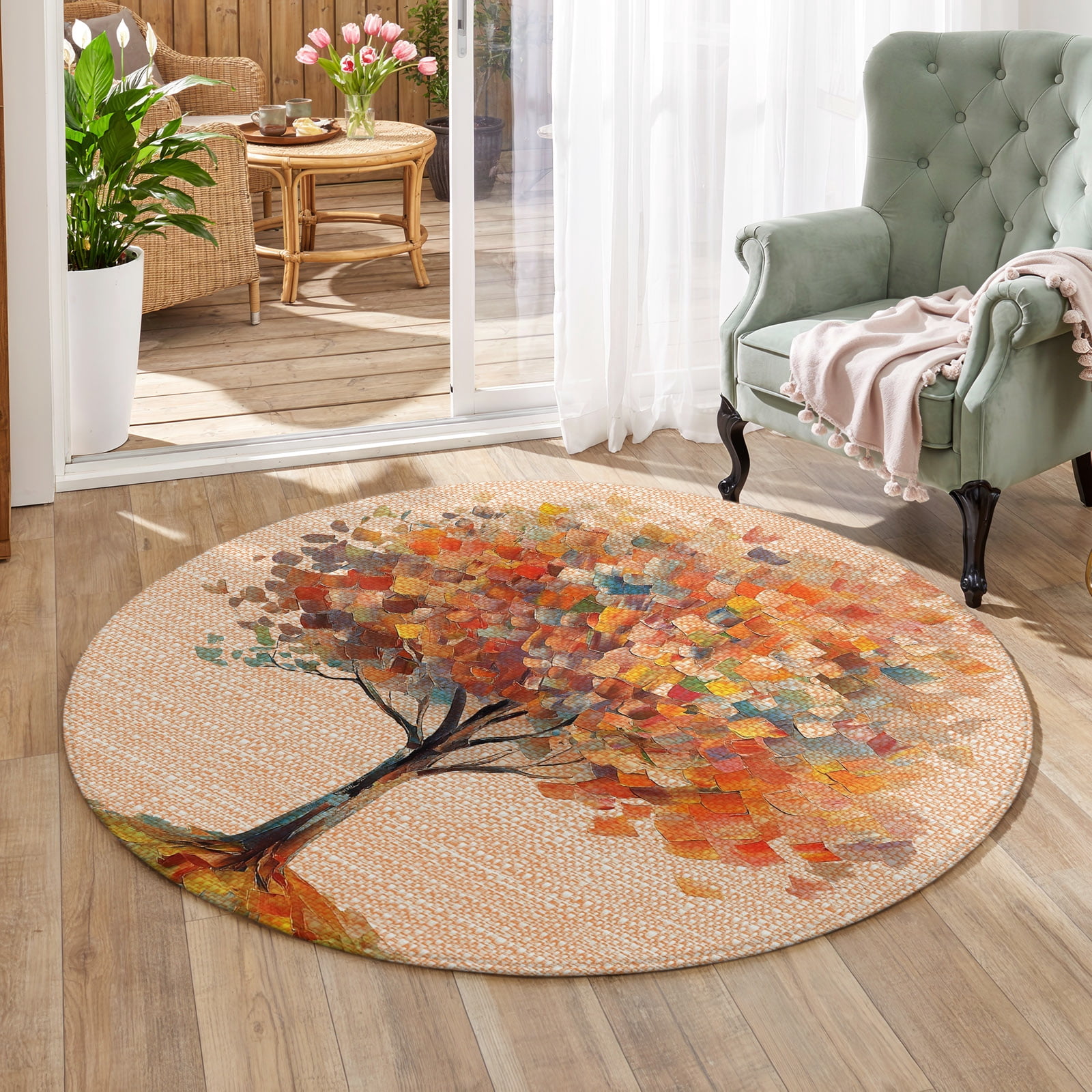 Tree Designed Rugs Round Area Rug 4ft Fall Tree Orange Maple Leaves Low Pile Washable Rug ...