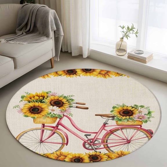 Round Area Rug 4ft, Farm Blossom Sunflower Bike Non-Shedding Washable Area Rug, Summer Floral on Retro Burlap Non Slip Low-Profile Circle Rugs for Living Room, Bedroom Dining Room