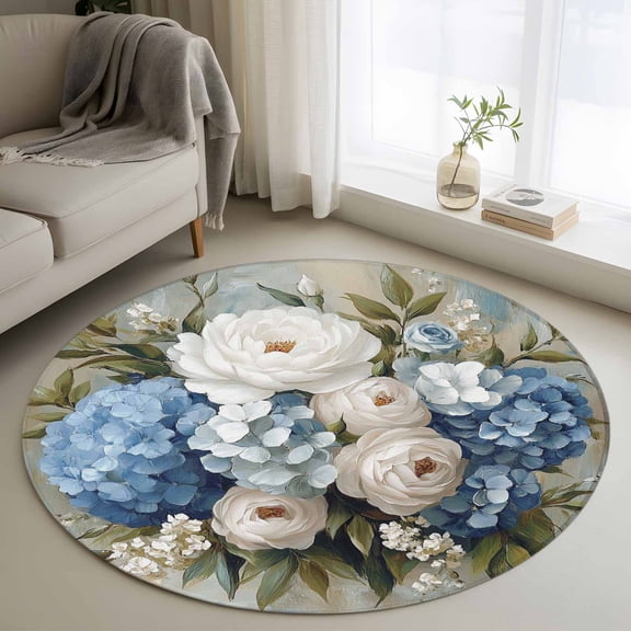 Round Area Rug 4ft,Farm Blue White Hydrangea Washable Carpet Non-Slip Runner Accent Rugs Indoor Floor Mat for Bedroom Living Room Decor,Watercolor Floral Art
