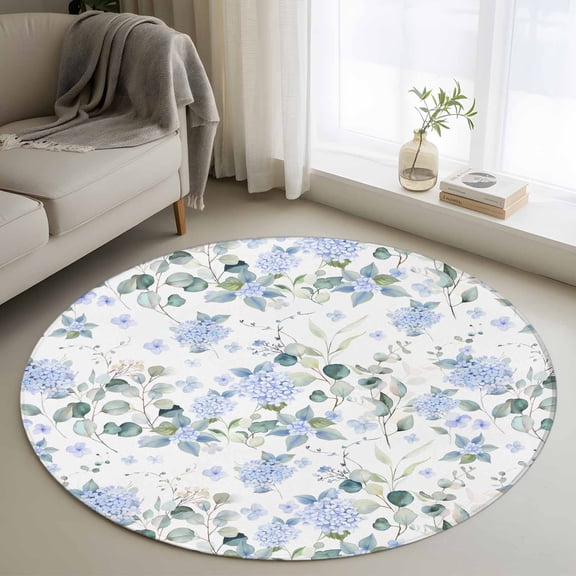 Round Area Rug 4ft, Farm Hydrangea Flower Blue Non-Slip Non-Shedding Floor Mat, Country Eucalyptus Leaf Floral Washable Sturdy Carpet for Living Room Bedroom Home Decor