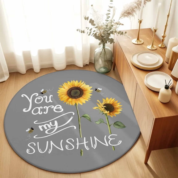 Round Area Rug 4ft,Farm Sunflowers with Honeybee Sunshine Quotes Living Room Rug Non-Slip Washable Circle Rugs Pad,Grey Soft Floor Carpet for Bedroom Dining Room
