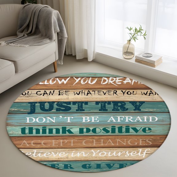 Round Area Rug 4ft Farmhosue Motivational Quotes Area Rugs Washable Low Pile Floor Carpet for Bedroom, Farm Wood Plank Non Slip Soft Rugs for Living Room Entryway Dining Room