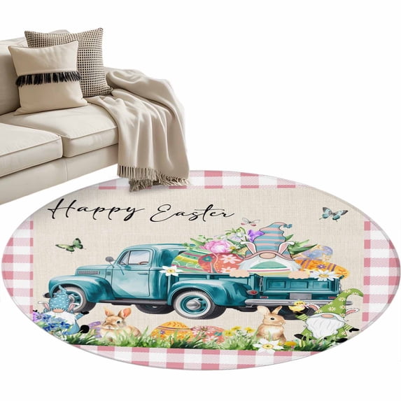 Round Area Rug 4ft, Farmhouse Car Gnomes with Easter Eggs Non-Slip Non-Shedding Floor Mat, Spring Floral Buffalo Checker Washable Sturdy Carpet for Living Room Bedroom Home Decor