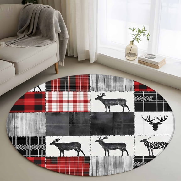 Round Area Rug 4ft,Farmhouse Deer Animal Theme Washable Carpet Non-Slip Runner Accent Rugs Indoor Floor Mat for Bedroom Living Room Decor,Modern Minimalist Checkered