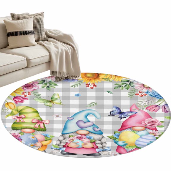 Round Area Rug 4ft, Farmhouse Gnome with Easter Egg Non-Slip Non-Shedding Floor Mat, Spring Flower Gray Checkered Washable Sturdy Carpet for Living Room Bedroom Home Decor