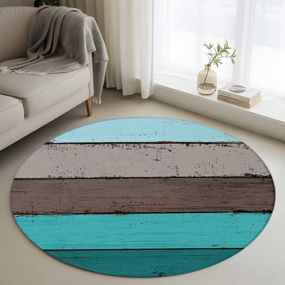 Round Area Rug 4ft, Farmhouse Teal Grey Blue Plank Non-Slip Non-Shedding Floor Mat, Vintage Wood Grain Barn Washable Sturdy Carpet for Living Room Bedroom Home Decor