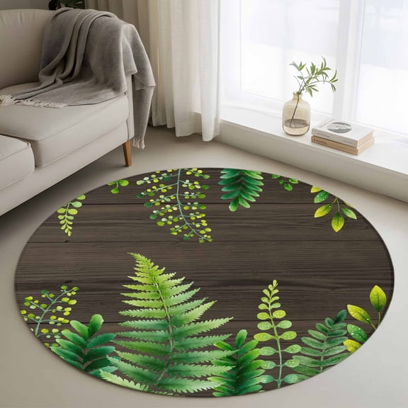 Round Area Rug 4ft, Fern Pastoral Spring Leaves Non-Slip Non-Shedding Floor Mat, Farmhouse Brown Wooden Grain Washable Sturdy Carpet for Living Room Bedroom Home Decor