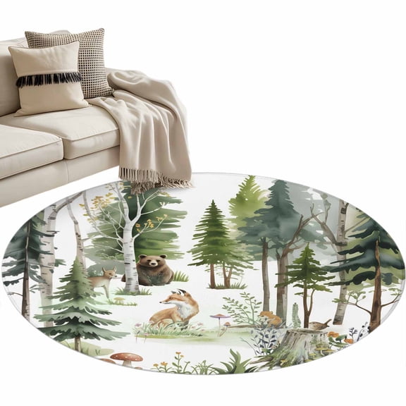 Round Area Rug 4ft Forest Animal Floor Carpets Indoor Floor Area Mat Stain-Proof Mat Circle Rugs for Living Room Dining Room Kitchen Bedroom, Woodland Bear Fox Deer Bird Sofa Throw Carpet