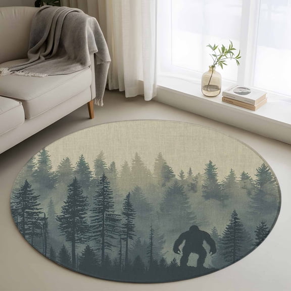 Round Area Rug 4ft, Forest Gorilla Wild Animal Trees Silhouette Non-Shedding Washable Area Rug, Vintage Linen Non Slip Low-Profile Circle Rugs for Living Room, Bedroom Dining Room