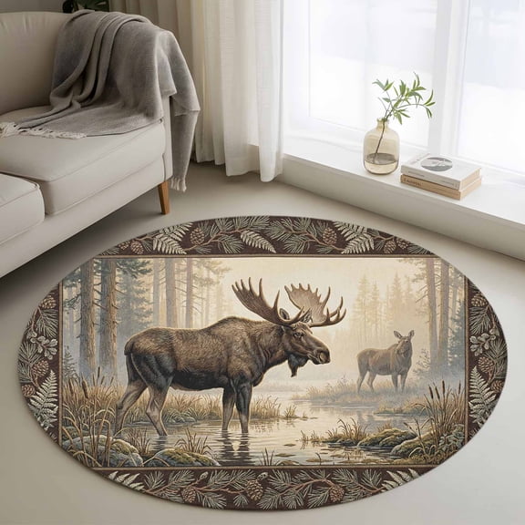 Round Area Rug 4ft, Forest Reindeer Berry Fern Non-Shedding Washable Area Rug, Retro Southwest Ethnic Non Slip Low-Profile Circle Rugs for Living Room, Bedroom Dining Room