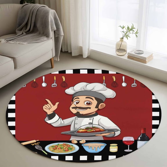 Round Area Rug 4ft, Fun Chef Kitchenware Food Burgundy Red Non-Slip Non-Shedding Floor Mat, Black White Checker Washable Sturdy Carpet for Living Room Bedroom Home Decor