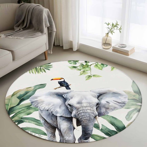 Round Area Rug 4ft, Fun Elephant Tropical Palm Leaf Non-Slip Non-Shedding Floor Mat, Green Jungle Bird Washable Sturdy Carpet for Living Room Bedroom Home Decor