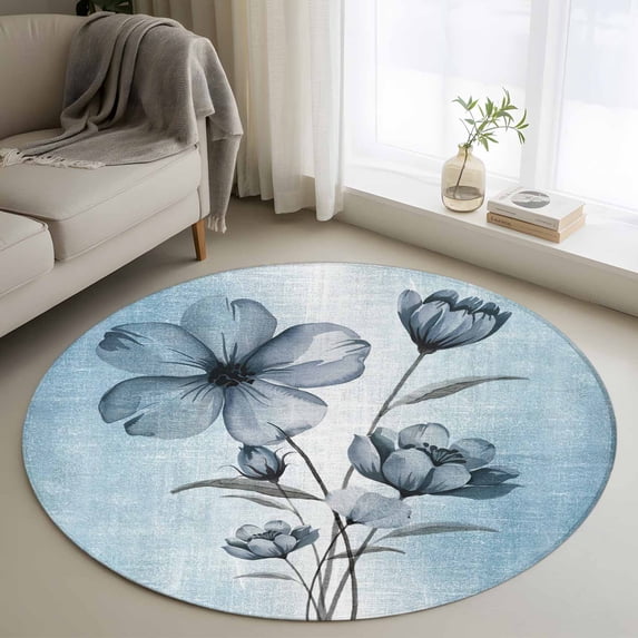 Round Area Rug 4ft,Gradient Blue Flower Still Life Washable Carpet Non-Slip Runner Accent Rugs Indoor Floor Mat for Bedroom Living Room Decor,Blossom Floral