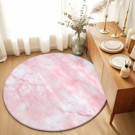 Round Area Rug 4ft,Gradient Pink Marble Texture Living Room Rug Non-Slip Washable Circle Rugs Pad,Modern Minimalist Art Soft Floor Carpet for Bedroom Dining Room