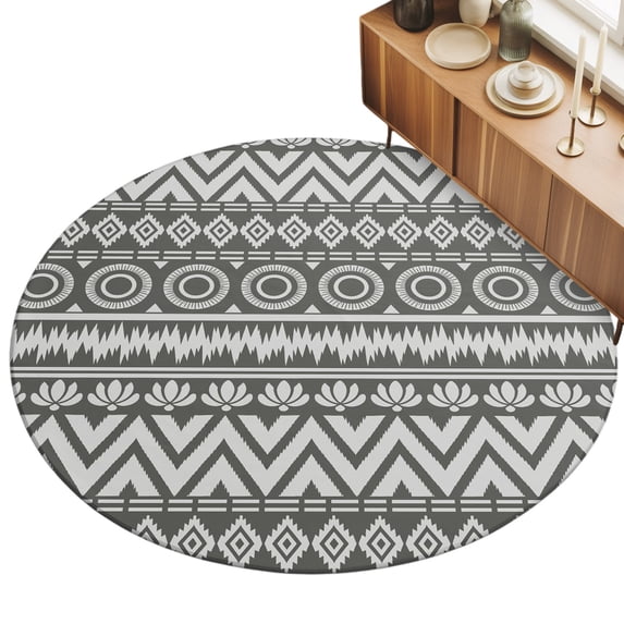 Round Area Rug 4ft Gray Boho Diamonds Floor Carpets Indoor Floor Area Mat Stain-Proof Mat Circle Rugs for Living Room Dining Room Kitchen Bedroom, Bohemian Tribal Zigzags Circles Sofa Throw Carpet