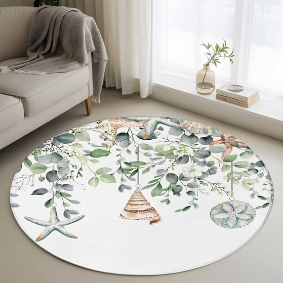 Round Area Rug 4ft,Green Eucalyptus Leaves Starfish Shell Washable Carpet Non-Slip Runner Accent Rugs Indoor Floor Mat for Bedroom Living Room Decor,Summer Ocean Conch
