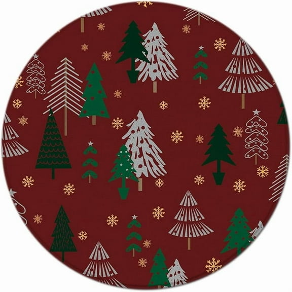Round Area Rug 4ft Green Merry Christmas Tree Xmas Snowflake,Red Circular Mat Floor Carpet for Living Dining Room Bedroom