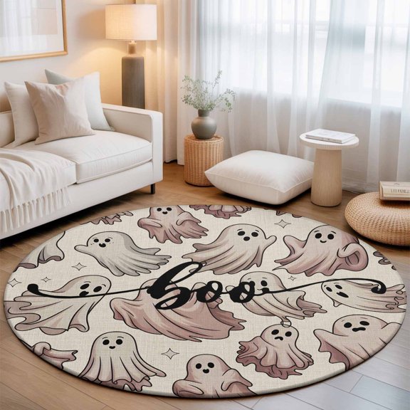 Round Area Rug - 4ft Halloween Horror Cute Ghost Non Slip Washable Circle Carpet Soft Large Floor Rugs for Living Room Bedroom Nursery Office